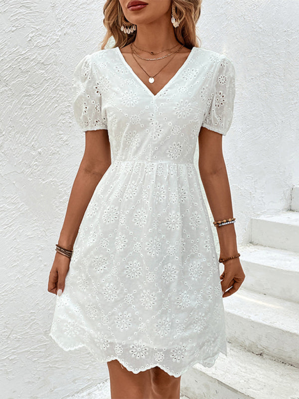 Summer Dresses- Embroidery Eyelet Puff Sleeve A-Line Sundress- - Pekosa Women Fashion