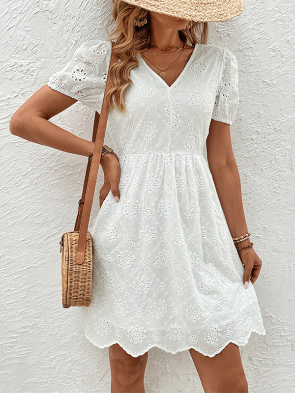 Summer Dresses- Embroidery Eyelet Puff Sleeve A-Line Sundress- - Pekosa Women Fashion