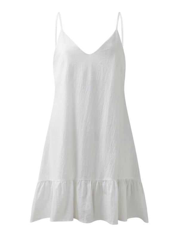 Summer Dresses- Essential Summer Cotton Cami Sundress with Ruffle Hem- - Pekosa Women Clothing