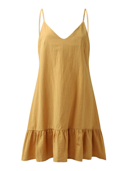 Summer Dresses- Essential Summer Cotton Cami Sundress with Ruffle Hem- - Pekosa Women Clothing