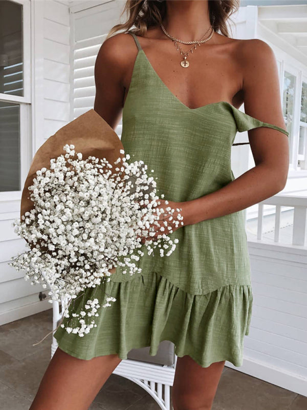 Summer Dresses- Essential Summer Cotton Cami Sundress with Ruffle Hem- Green- Pekosa Women Clothing