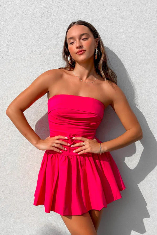 Summer Dresses- Festive Strapless Fit and Flare Mini Dress for Summer- Rose- Pekosa Women Clothing