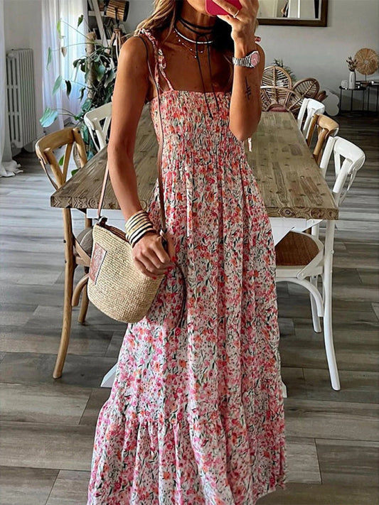 Summer Dresses- Floral A-Line Tiered Maxi Dress - Vacation Essential- Pink- Pekosa Women Clothing