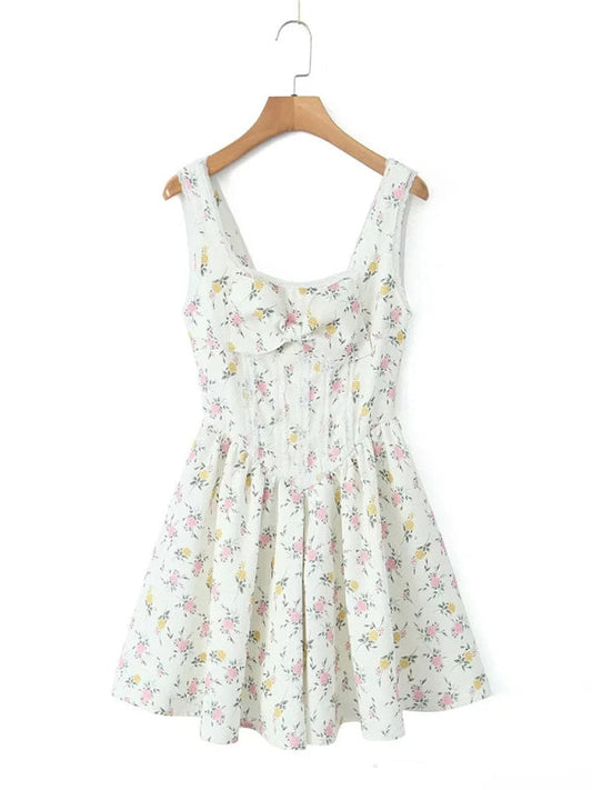 Summer Dresses- Floral Fit & Flare Basque-Waist Bow Mini Dress with Lace Accents- White- Pekosa Women Fashion