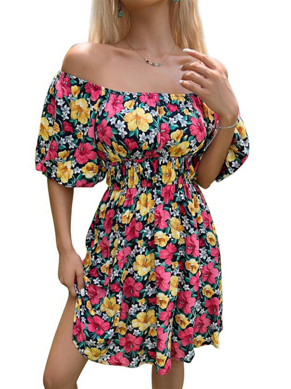 Robe d'été florale à épaules dénudées - Robe d'été avec taille froncée et manches lanternes