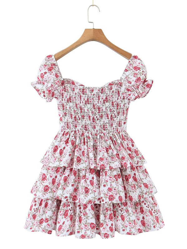 Summer Dresses- Floral Sweetheart Puff Sleeve Layered Lace-Up Sundress- - Pekosa Women Fashion