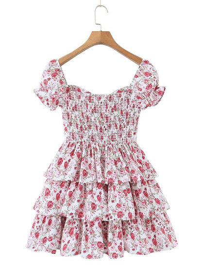 Summer Dresses- Floral Sweetheart Puff Sleeve Layered Lace-Up Sundress- - Pekosa Women Fashion