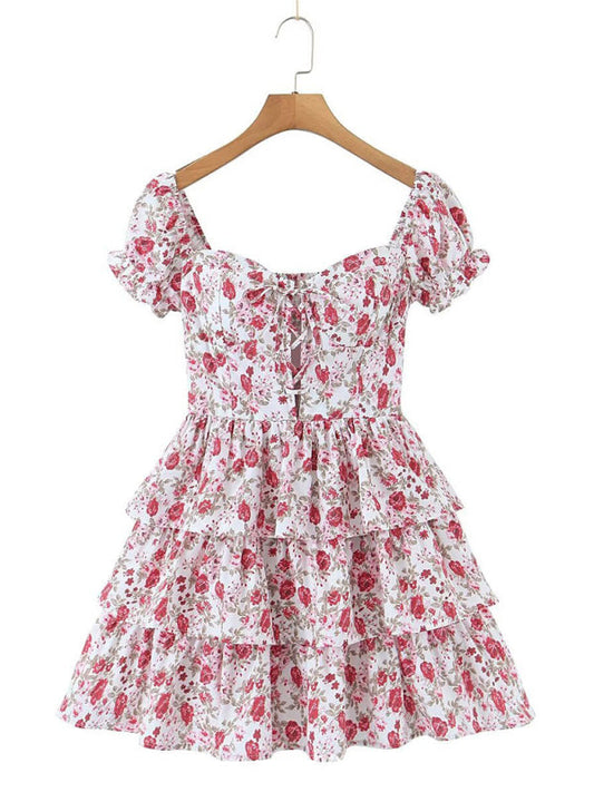 Summer Dresses- Floral Sweetheart Puff Sleeve Layered Lace-Up Sundress- White- Pekosa Women Fashion
