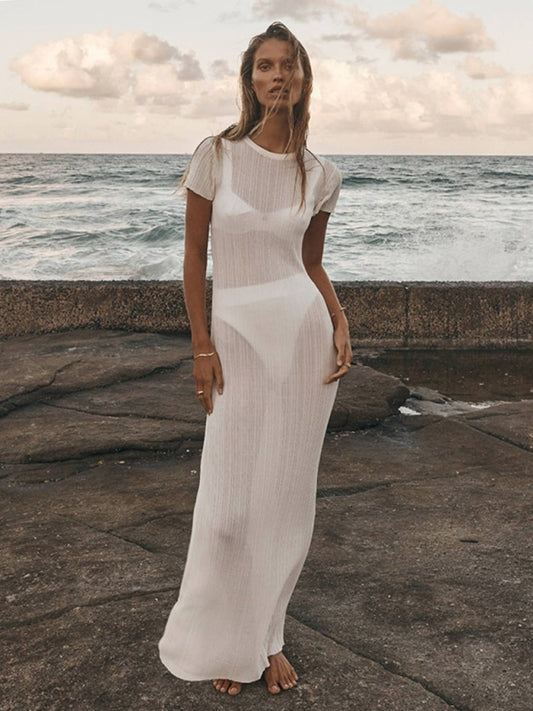 Summer Dresses- See-Through Cover-Up | Summer Textured Knit Maxi Dress- White- Pekosa Women Clothing