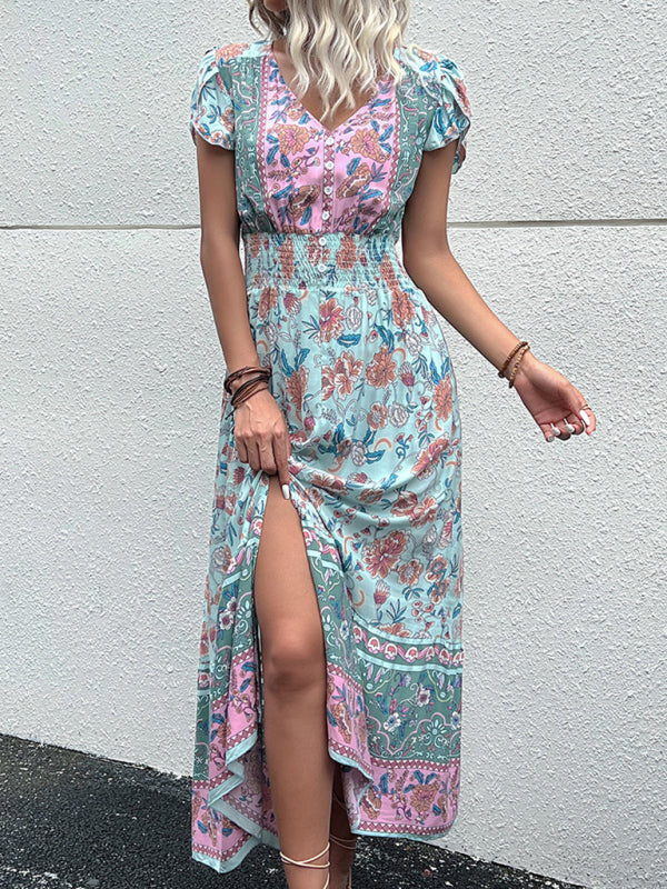 Summer Dresses- Smocked Waist A-Line Midi Dress with Floral Print & Short Sleeves- - Pekosa Women Clothing