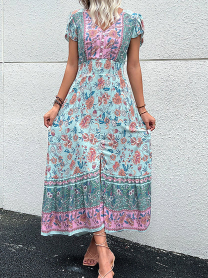 Summer Dresses- Smocked Waist A-Line Midi Dress with Floral Print & Short Sleeves- - Pekosa Women Clothing