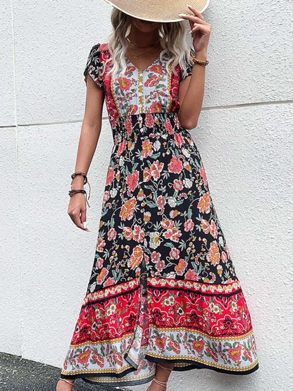 Summer Dresses- Smocked Waist A-Line Midi Dress with Floral Print & Short Sleeves- Black- Pekosa Women Clothing