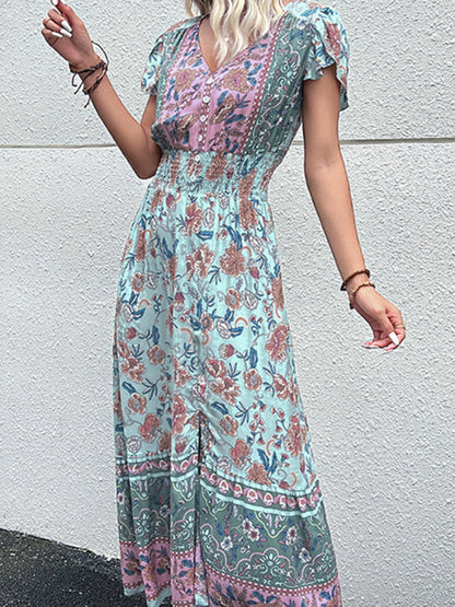 Summer Dresses- Smocked Waist A-Line Midi Dress with Floral Print & Short Sleeves- Green- Pekosa Women Clothing