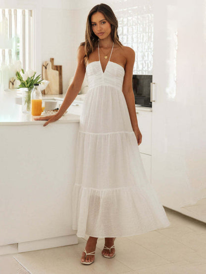 Summer Dresses- Solid Halter Sleeveless Tiered Maxi Dress for Summer Vacations- White- Pekosa Women Clothing