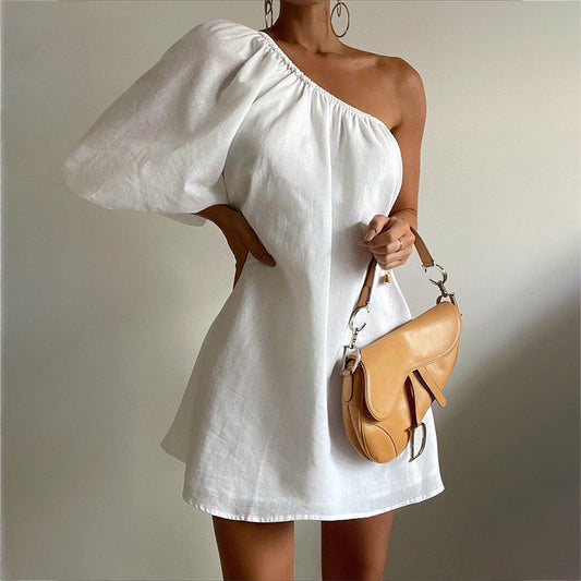 Summer Dresses- Solid Loose One-Shoulder Sundress- White- Pekosa Women Clothing