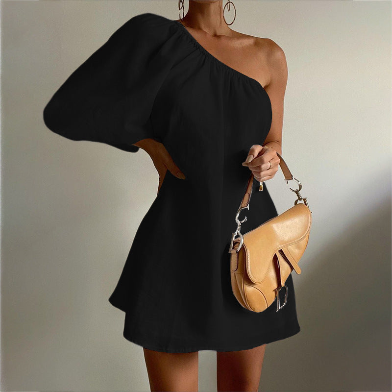 Summer Dresses- Solid Loose One-Shoulder Sundress- Black- Pekosa Women Clothing