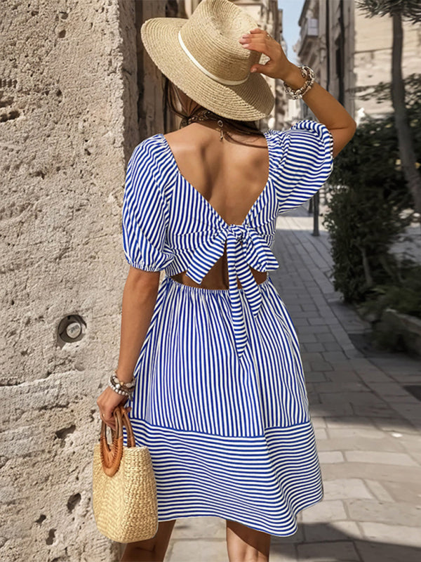 Summer Dresses- Striped Puff Sleeves Sundress - Bow knot Back A-Line Summer Dress- - Chuzko Women Clothing