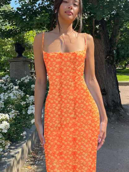 Summer Dresses- Summer Backless Cami Maxi Dress in Floral Mermaid- Orange- Pekosa Women Fashion