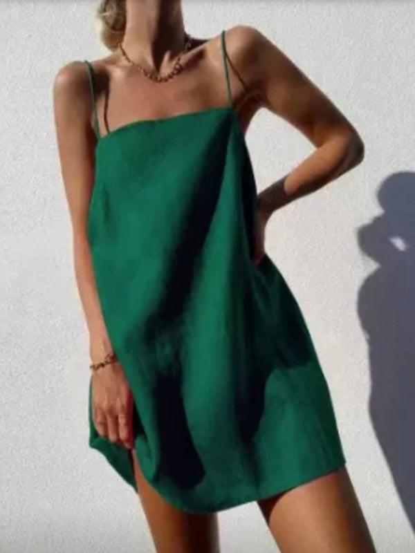 Summer Dresses- Summer Essential Cotton-Linen Cami Mini Dress - Tunic Sundress- Green- Pekosa Women Fashion