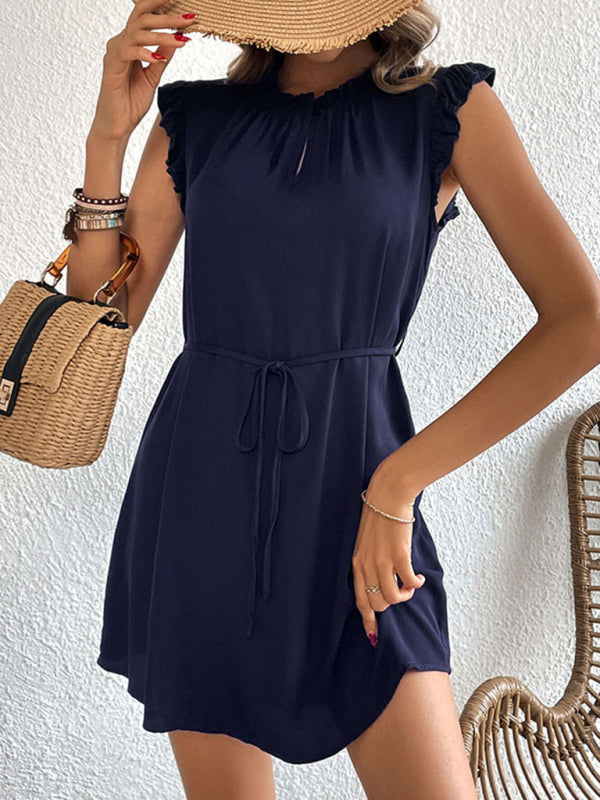 Summer Dresses- Summer Mini Dress with Frill Accents & Tie Waist- - Chuzko Women Clothing