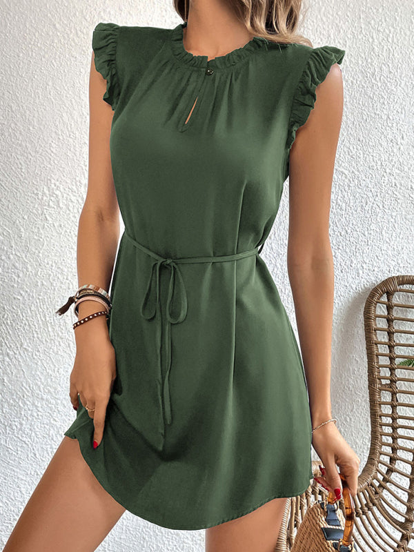 Summer Dresses- Summer Mini Dress with Frill Accents & Tie Waist- Green- Chuzko Women Clothing