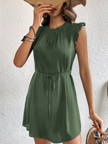 Summer Dresses- Summer Mini Dress with Frill Accents & Tie Waist- - Chuzko Women Clothing