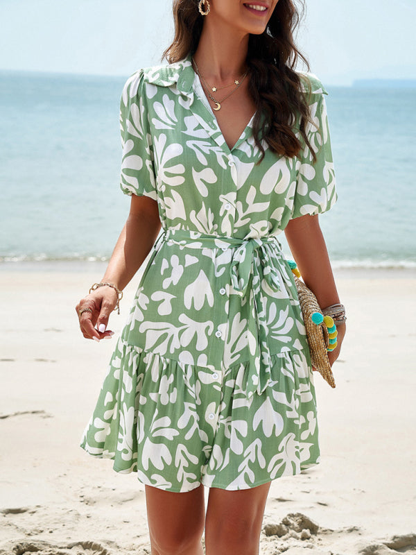 Summer Dresses- Summer Print Button-Up Sundress with Belt-Tie - A-Line Shirt Dress- Green- Pekosa Women Fashion