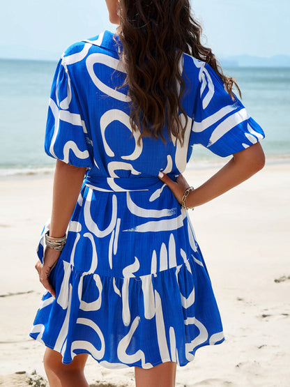 Summer Dresses- Summer Print Button-Up Sundress with Belt-Tie - A-Line Shirt Dress- - Pekosa Women Fashion