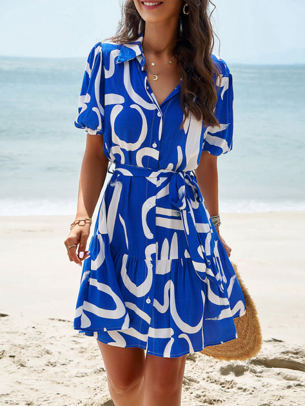 Summer Dresses- Summer Print Button-Up Sundress with Belt-Tie - A-Line Shirt Dress- - Pekosa Women Fashion