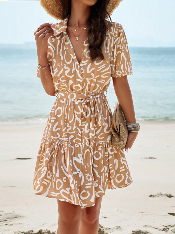 Summer Dresses- Summer Print Button-Up Sundress with Belt-Tie - A-Line Shirt Dress- - Pekosa Women Fashion