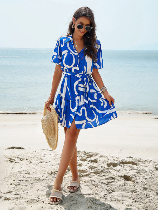 Summer Dresses- Summer Print Button-Up Sundress with Belt-Tie - A-Line Shirt Dress- - Pekosa Women Fashion