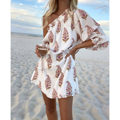 Summer Dresses- Vacation Glamour: One Shoulder Lantern Sleeve Floral Dress- White- Pekosa Women Clothing