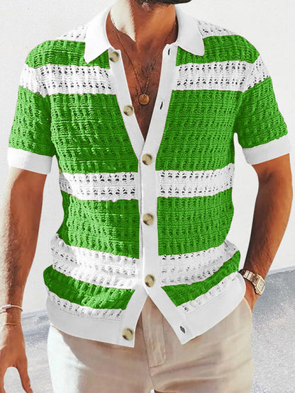 Summer Knit Shirts- Men's Open Knit Summer Cardigan | Color Block Button-Up Sweater- Green- Pekosa Women Clothing