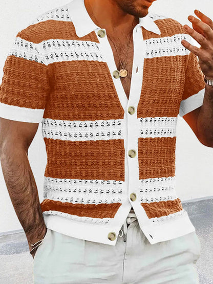 Summer Knit Shirts- Men's Open Knit Summer Cardigan | Color Block Button-Up Sweater- - Pekosa Women Clothing