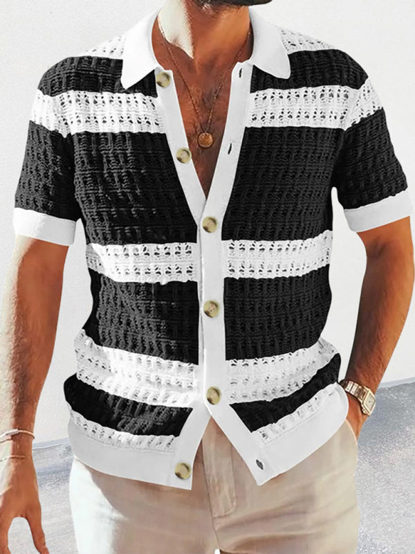 Summer Knit Shirts- Men's Open Knit Summer Cardigan | Color Block Button-Up Sweater- Black- Pekosa Women Clothing