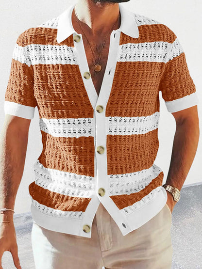 Summer Knit Shirts- Men's Open Knit Summer Cardigan | Color Block Button-Up Sweater- Brown- Pekosa Women Clothing