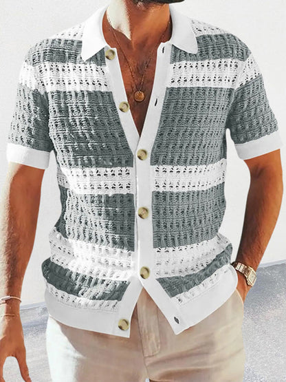 Summer Knit Shirts- Men's Open Knit Summer Cardigan | Color Block Button-Up Sweater- Grey- Pekosa Women Clothing