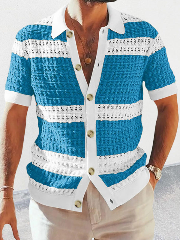 Summer Knit Shirts- Men's Open Knit Summer Cardigan | Color Block Button-Up Sweater- Acid blue- Pekosa Women Clothing