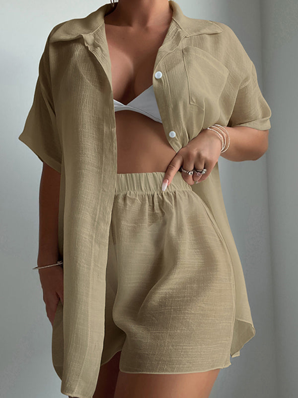 Summer Outfit- Laid-Back Vibes in Sheer Open Shirt and Shorts - 2-Piece See-Through Cover-Up Set- - Pekosa Women Clothing