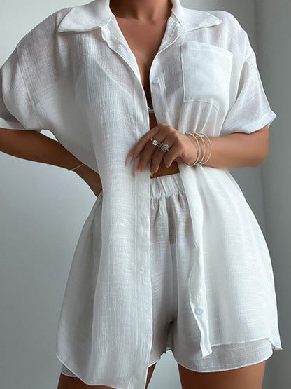 Summer Outfit- Laid-Back Vibes in Sheer Open Shirt and Shorts - 2-Piece See-Through Cover-Up Set- White- Pekosa Women Clothing