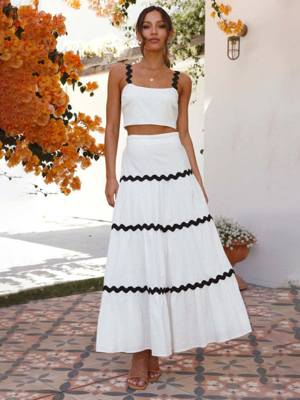 Summer Outfits- Cotton Contrast Trim 2-Piece Cami Crop Top and Ruffle Tiered Maxi Skirt- White- Pekosa Women Clothing