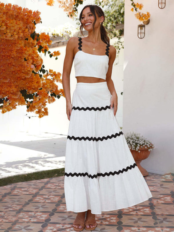 Summer Outfits- Cotton Contrast Trim 2-Piece Cami Crop Top and Ruffle Tiered Maxi Skirt- - Pekosa Women Clothing