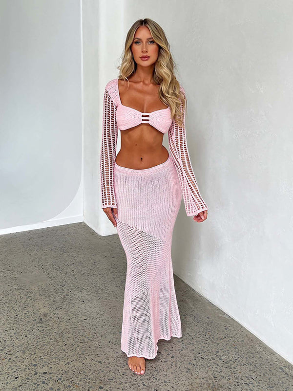 Summer Outfits- Crochet Beach Outfit with Long Sleeve Crop Top and Long Skirt- - Pekosa Women Clothing