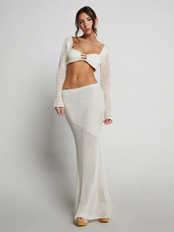 Summer Outfits- Crochet Beach Outfit with Long Sleeve Crop Top and Long Skirt- White- Pekosa Women Clothing