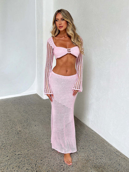 Summer Outfits- Crochet Beach Outfit with Long Sleeve Crop Top and Long Skirt- - Pekosa Women Clothing