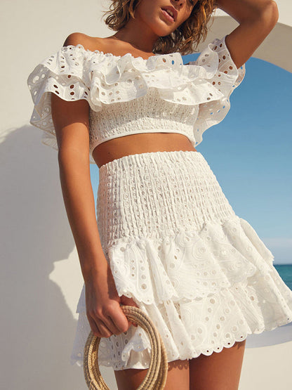 Eyelet Smocked 2-Piece Summer Cocktail - Off-Shoulder Top & Layered Mini Skirt