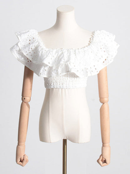 Eyelet Smocked 2-Piece Summer Cocktail - Off-Shoulder Top & Layered Mini Skirt