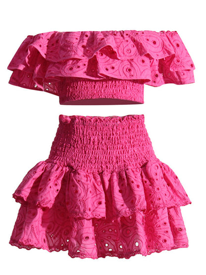 Eyelet Smocked 2-Piece Summer Cocktail - Off-Shoulder Top & Layered Mini Skirt