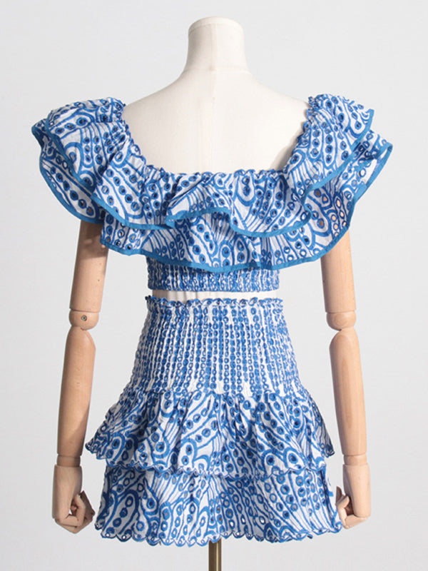 Eyelet Smocked 2-Piece Summer Cocktail - Off-Shoulder Top & Layered Mini Skirt