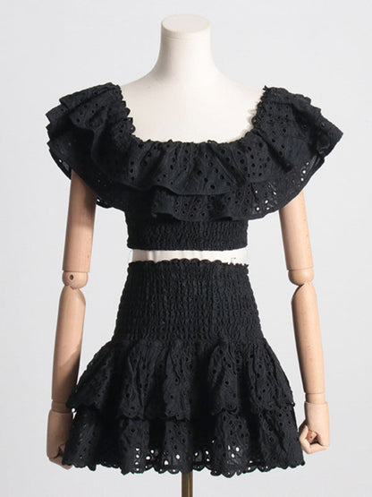 Eyelet Smocked 2-Piece Summer Cocktail - Off-Shoulder Top & Layered Mini Skirt